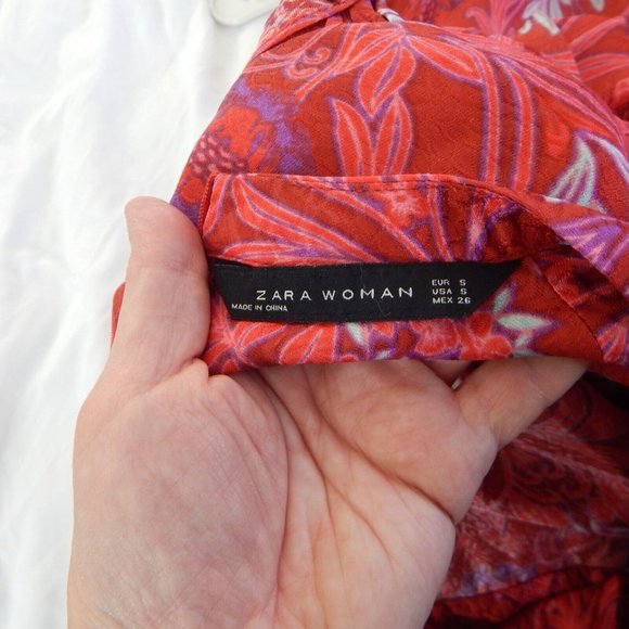 ZARA mini dress long sleeve floral ruffle retro jacquard party holiday red S - Picture 6 of 9